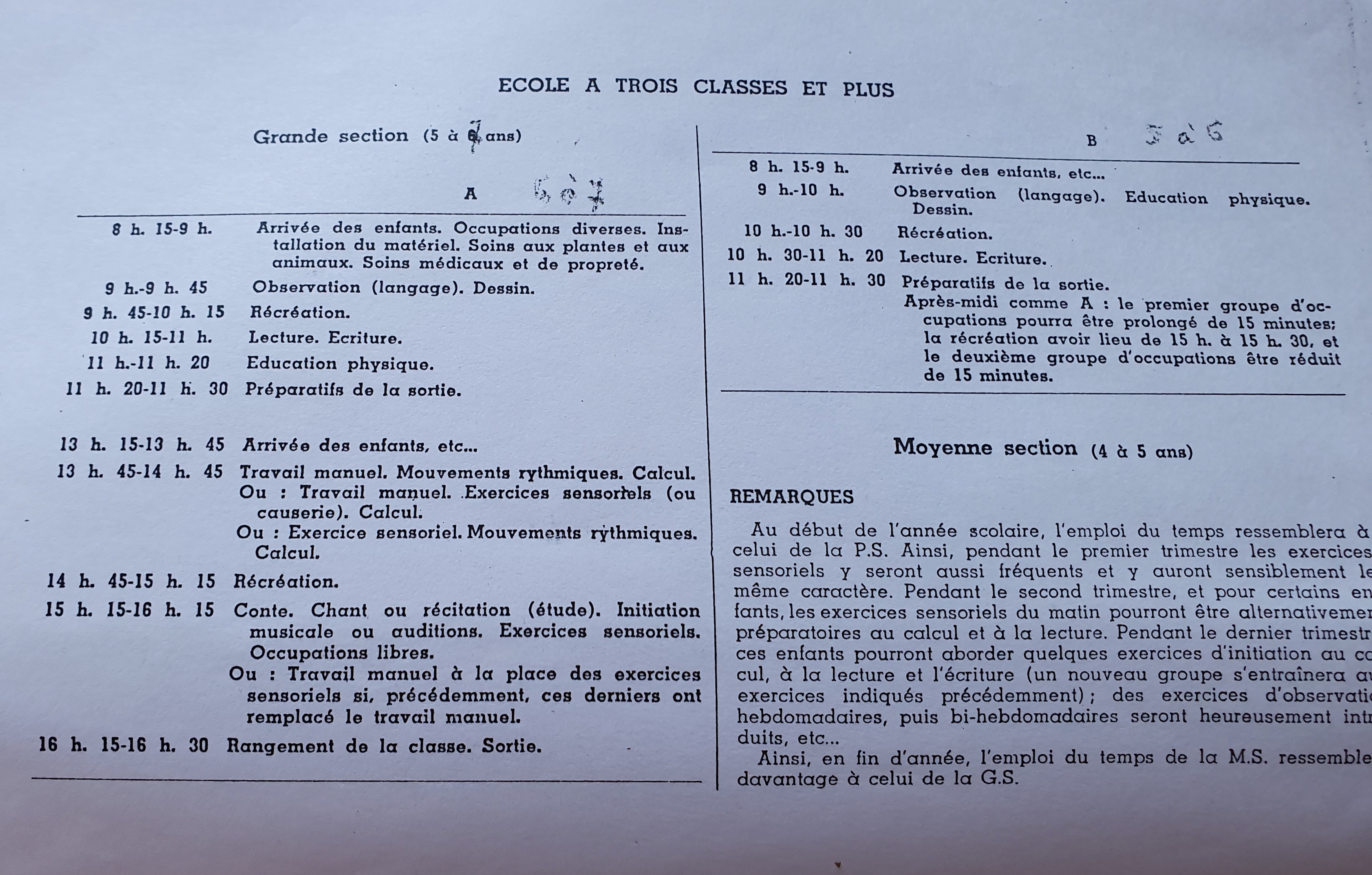 Emploi du temps 1939 école à 3 classes