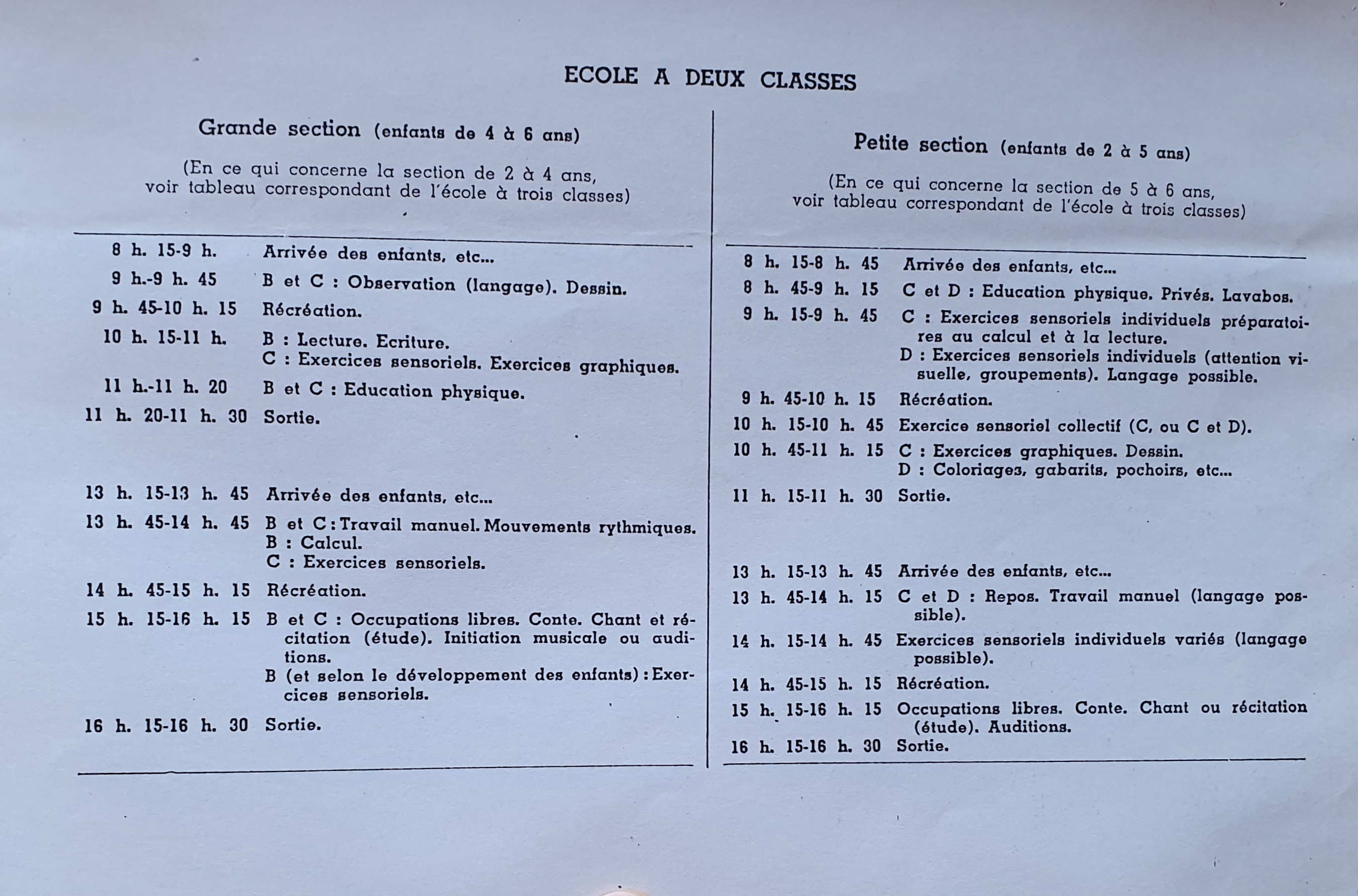 Emploi du temps 1939 école à deux classes