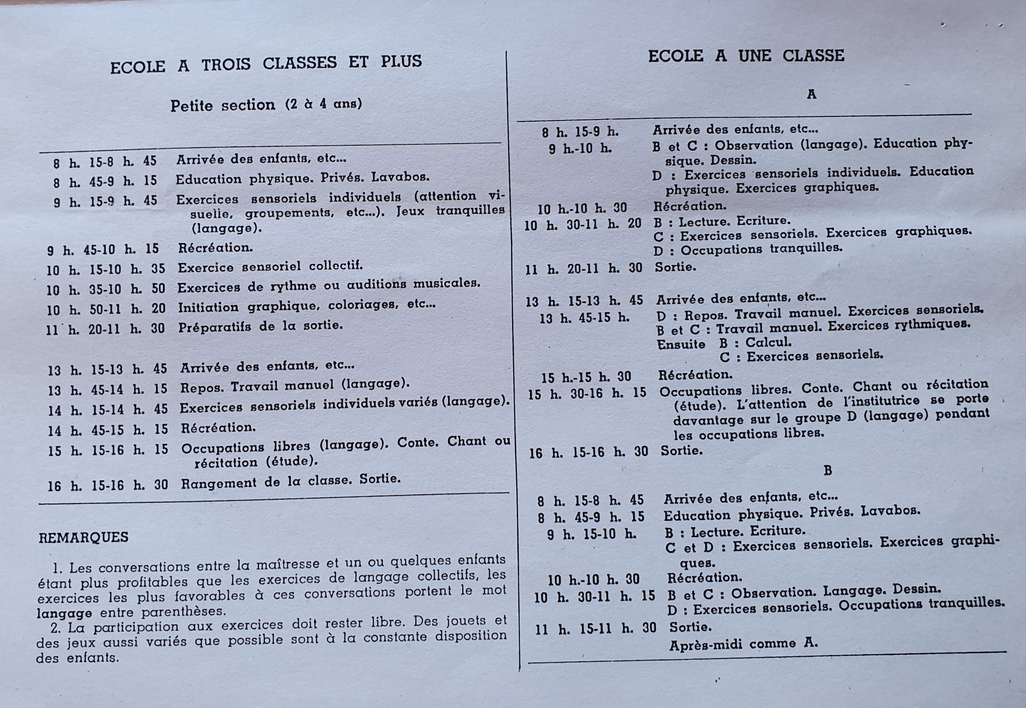 Emploi du temps 1939 école à une classe
