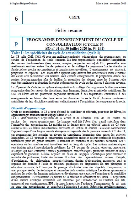 6. Résumé programme de cycle 3 2020
