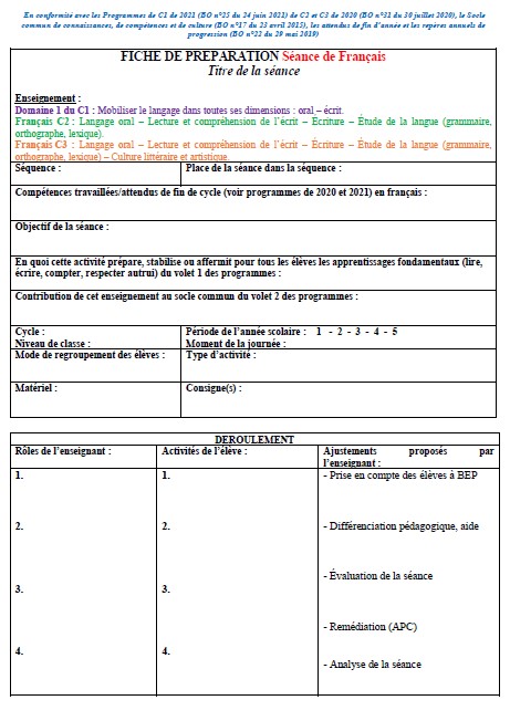 CRPE oral Epreuve leçon français 1. Fiche prép vierge