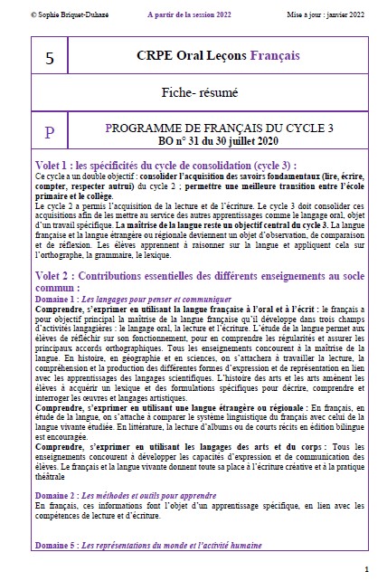 CRPE Oral de français 5 programme C3