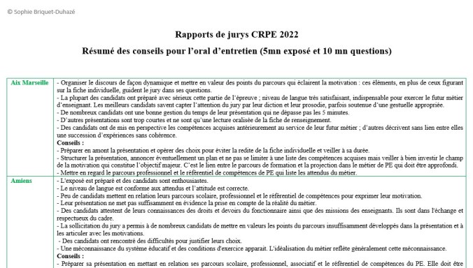 Résumé conseils rapports de jury CRPE 2022 par académie exposé entretien motivation