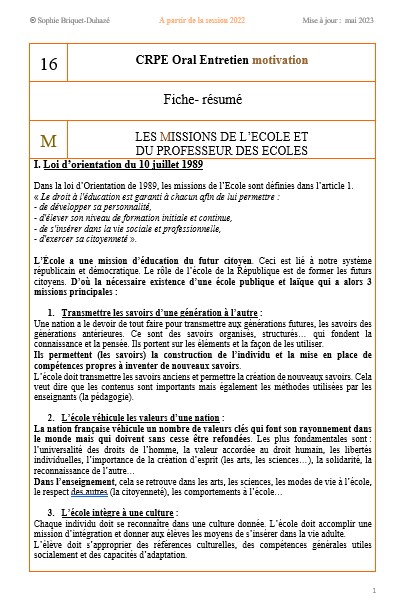 Oral motivation 16. les missions de l'Ecole