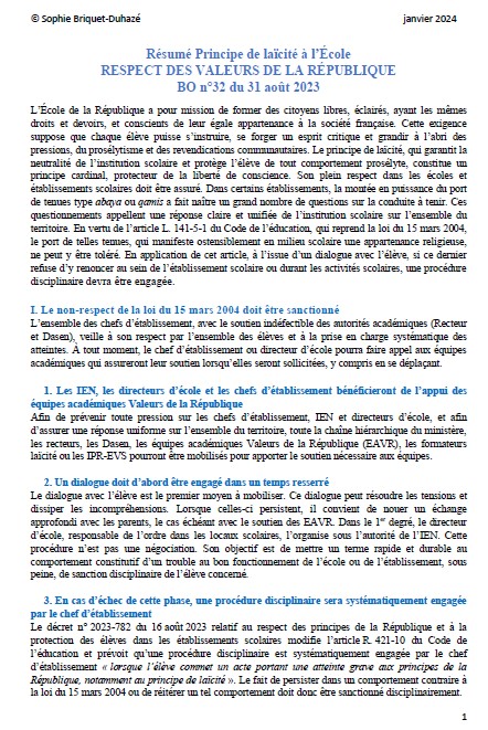 Résumé Laïcité Respect des valeurs de la R BO 32 du 31 août 2023