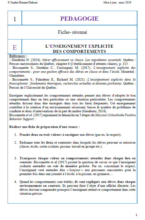 Fiche-résumé enseignement explicite des comportements