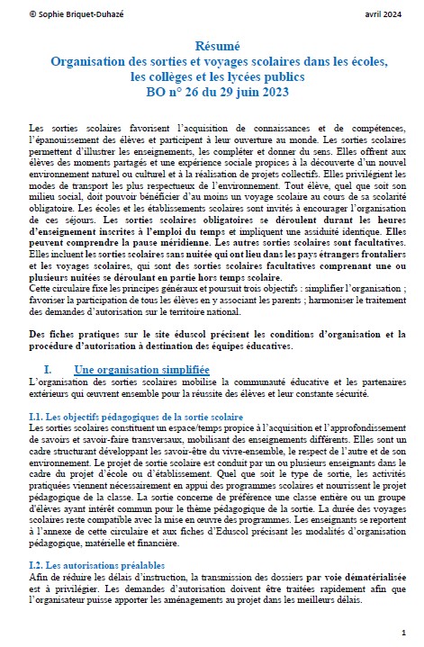 Résumé Sorties et voyages scolaires BO 26 du 29 juin 2023
