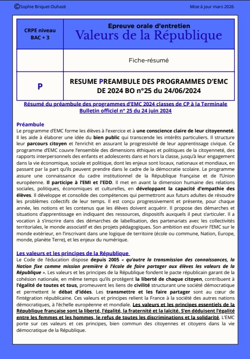 CRPE BAC +3 oral d’entretien Valeurs de la République : résumé du ...